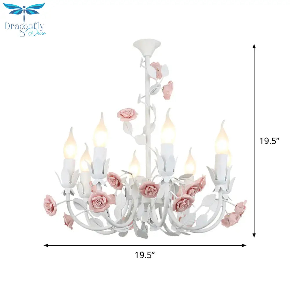 Rose Detailing Candelabra Metal Chandelier Korean Flower 8 - Light Living Room Pendant Light In Pink