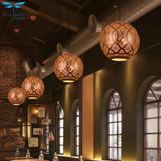 Rose Gold Etched Sphere Restaurant Pendant Light Metal Ceiling Chandelier