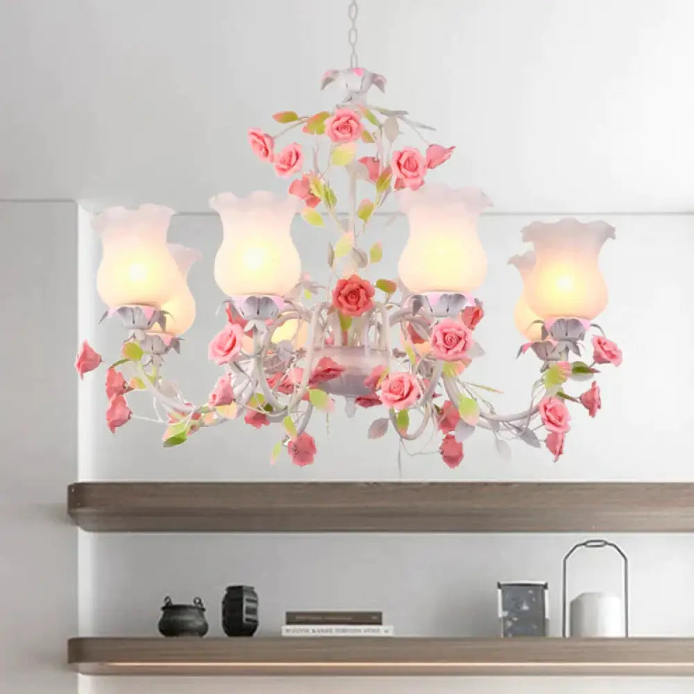 Rose Living Room Ceiling Chandelier Pastoral White Glass 8 Heads Pink Hanging Light Fixture