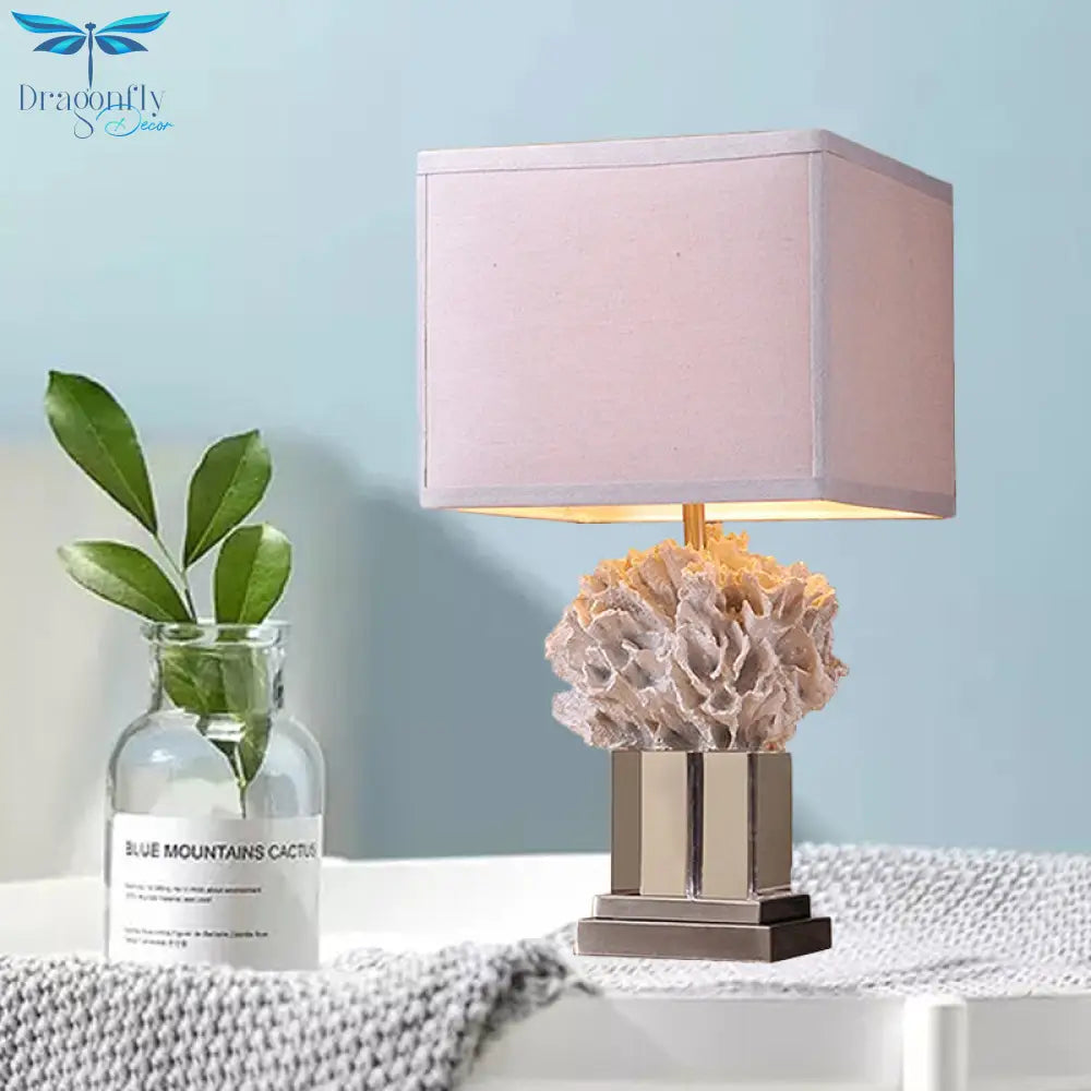 Rose - Rustic Single Resin Night Table Lamp White Seaweed Bedroom Nightstand Light With Cube Fabric