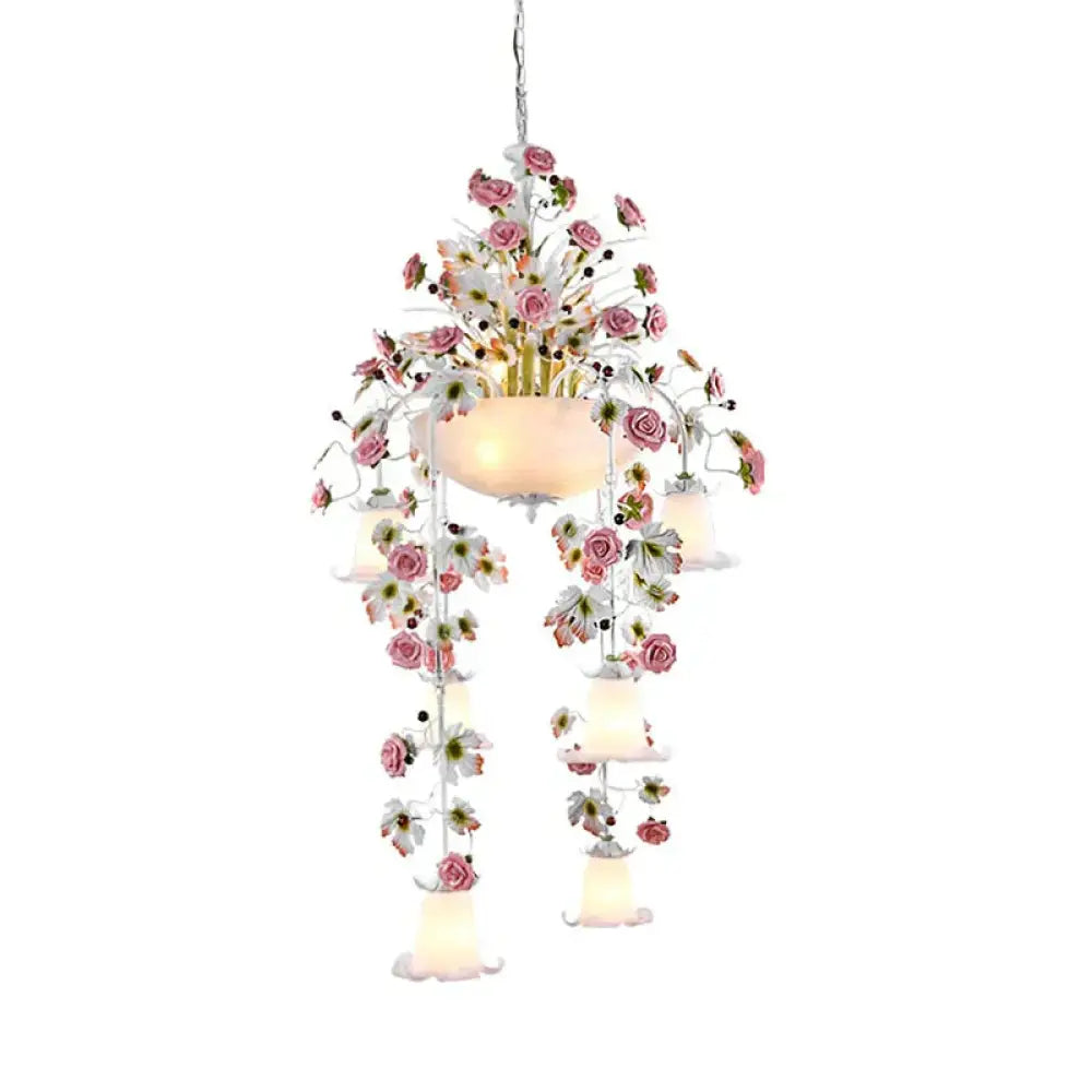 Rose White Glass Ceiling Lamp Romantic Pastoral 10 Bulbs Foyer Chandelier Lighting Fixture