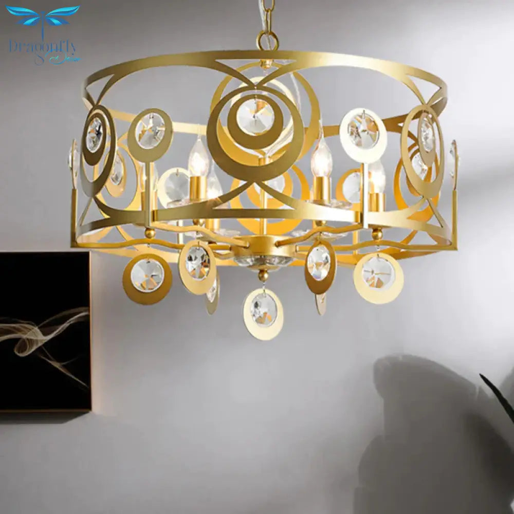 Round Bedroom Hanging Chandelier Postmodern Crystal Encrusted 4/6 Lights Gold Ceiling Pendant