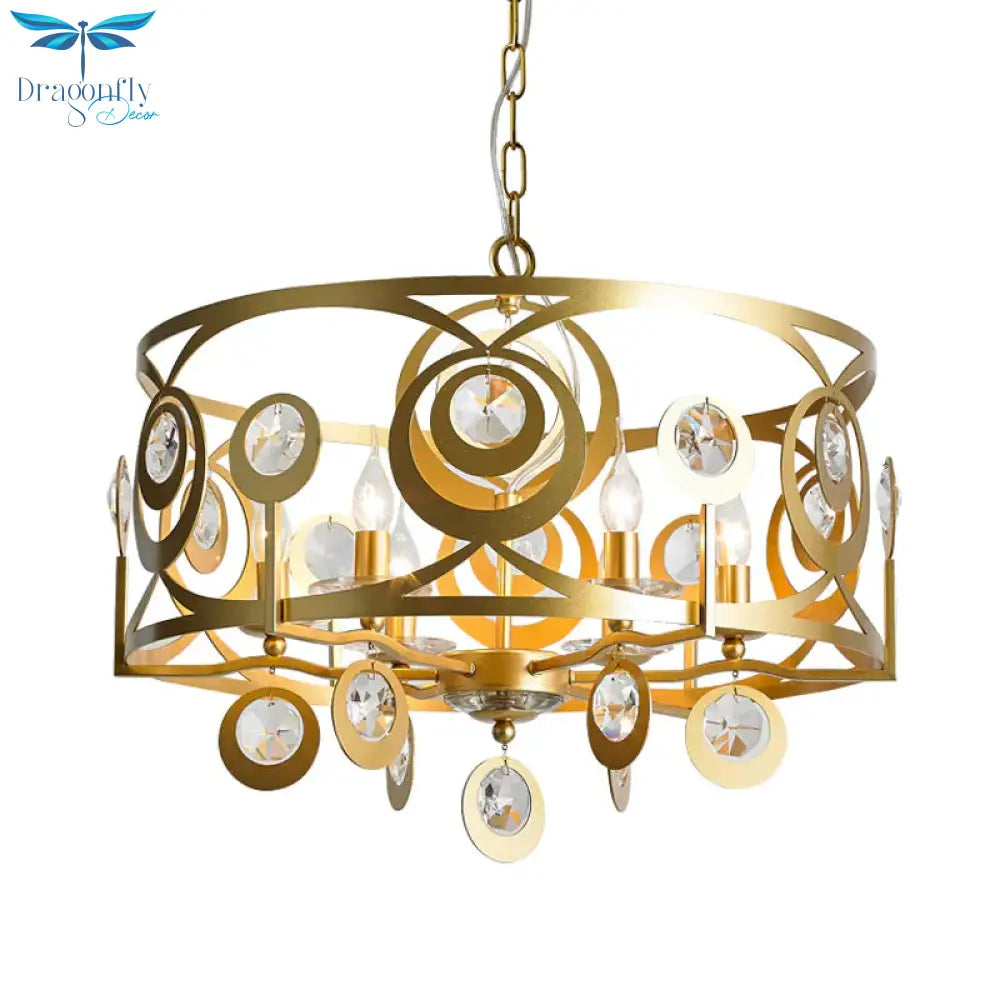 Round Bedroom Hanging Chandelier Postmodern Crystal Encrusted 4/6 Lights Gold Ceiling Pendant