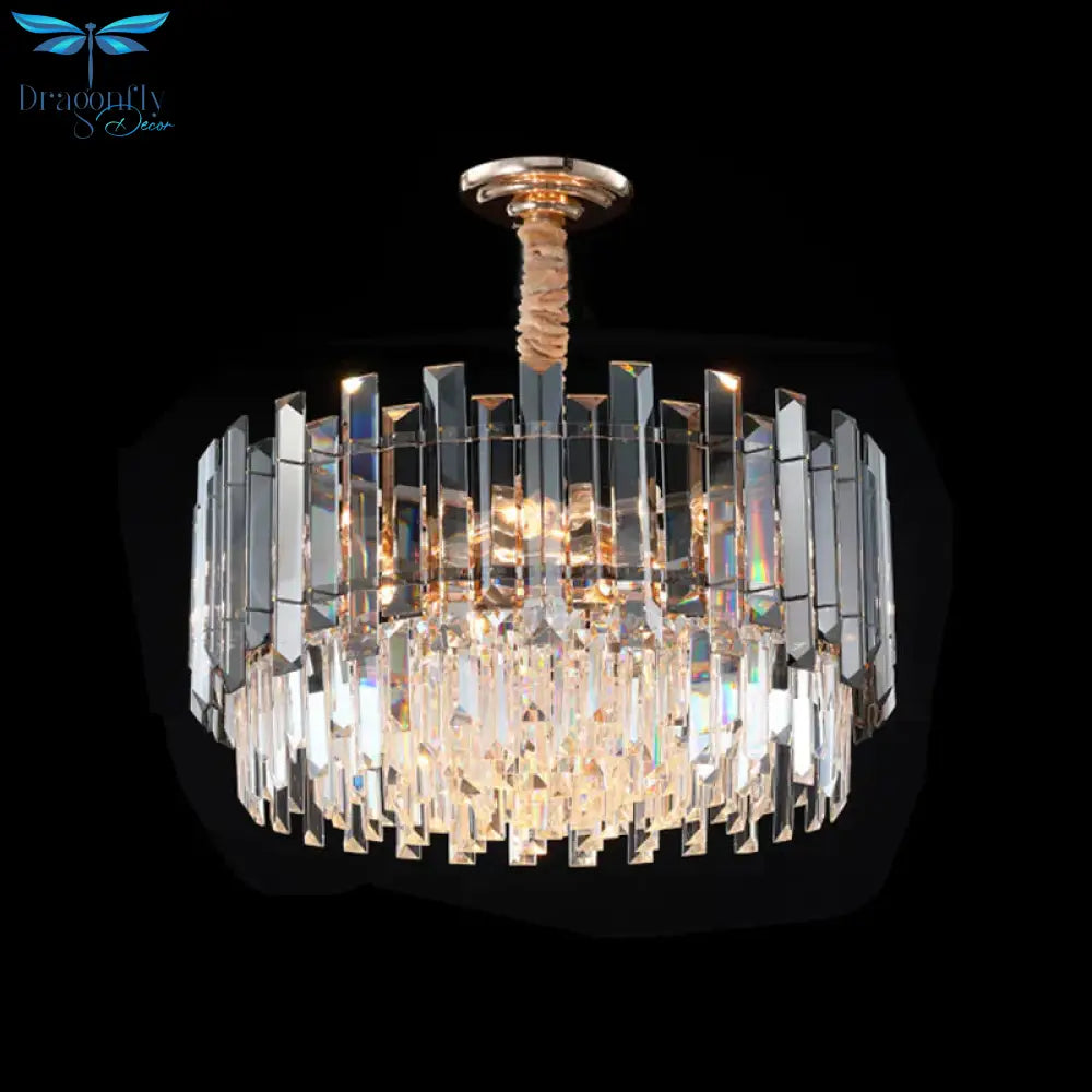 Round Clear Crystal Prisms Chandelier Lamp Modern 9 Bulbs Dinning Hall Pendant Light Kit