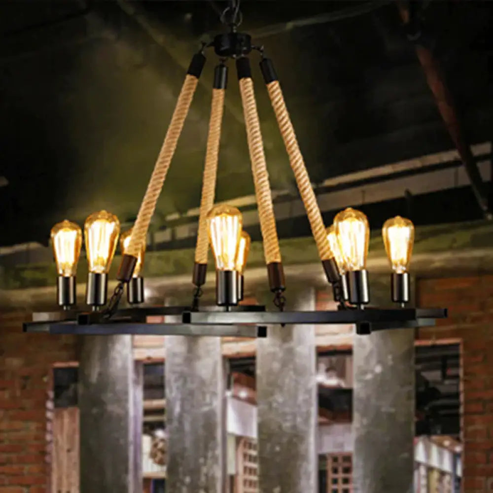 Round Metal Ceiling Lamp Traditional 8 - Bulb Dining Room Pendant Chandelier In Black