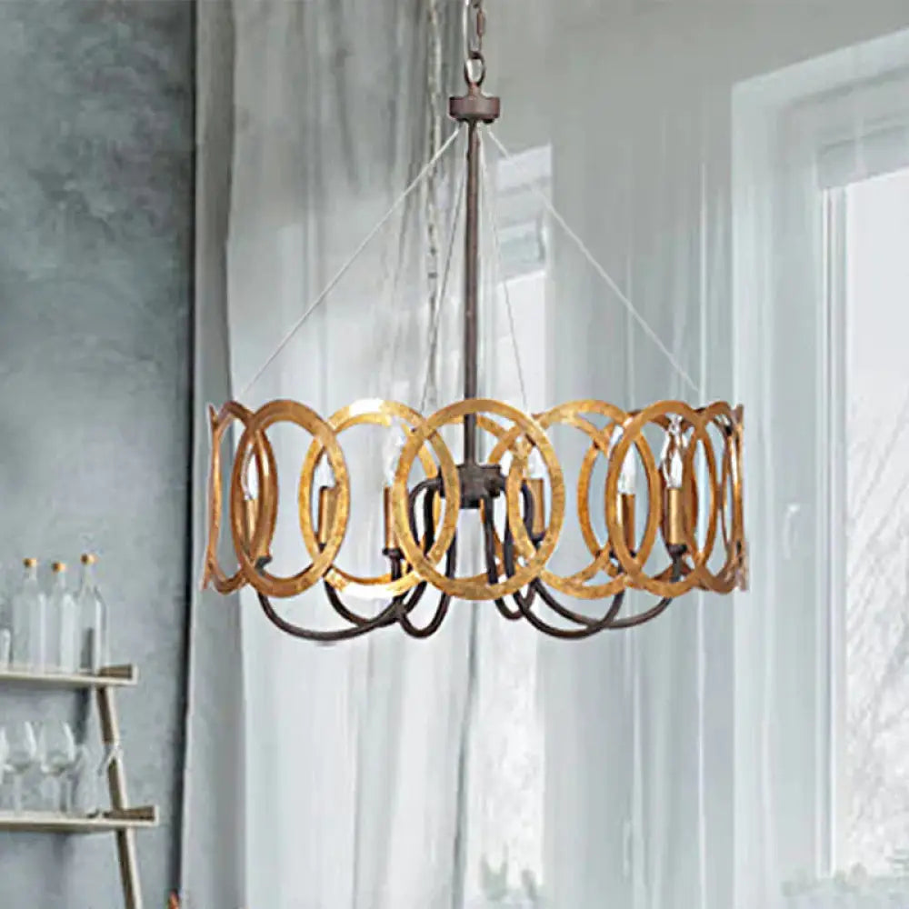 Round Metal Ceiling Light Traditional 6 - Bulb Dining Room Pendant Chandelier In Gold