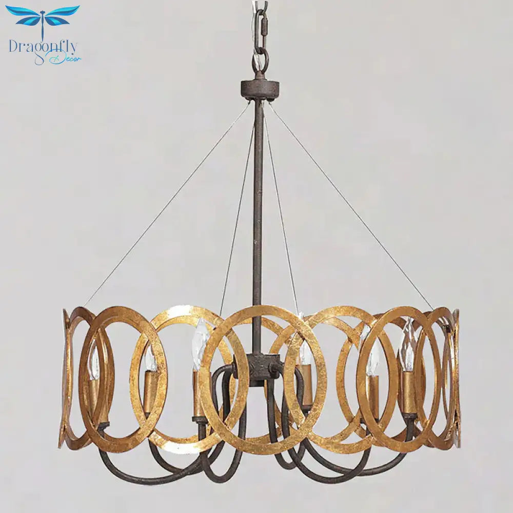 Round Metal Ceiling Light Traditional 6 - Bulb Dining Room Pendant Chandelier In Gold