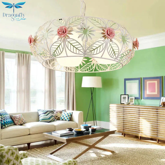 Round Metal Pendant Chandelier Pastoral 3 Heads Living Room Led Suspension Lighting With Rose In