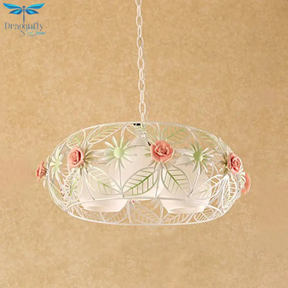 Round Metal Pendant Chandelier Pastoral 3 Heads Living Room Led Suspension Lighting With Rose In