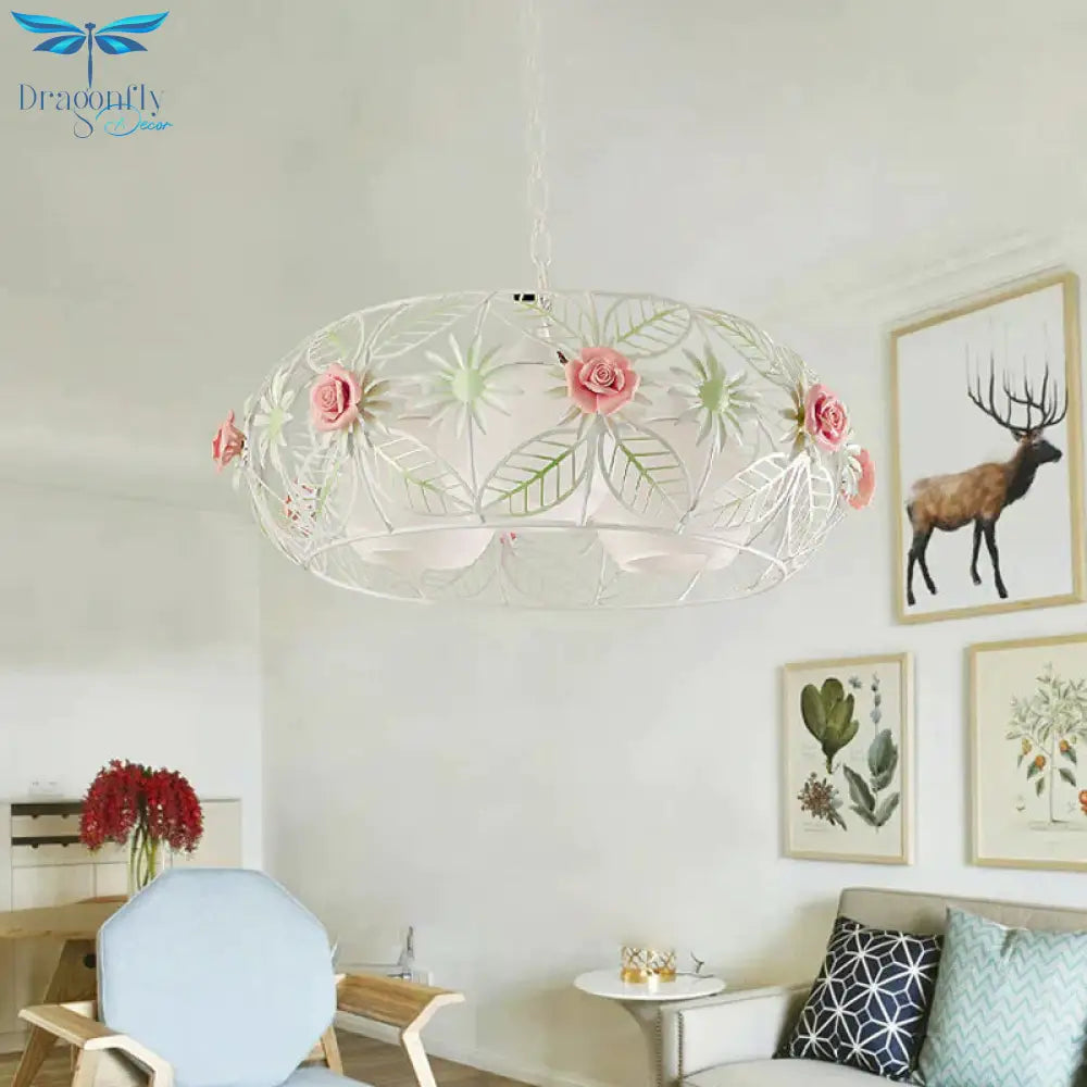 Round Metal Pendant Chandelier Pastoral 3 Heads Living Room Led Suspension Lighting With Rose In