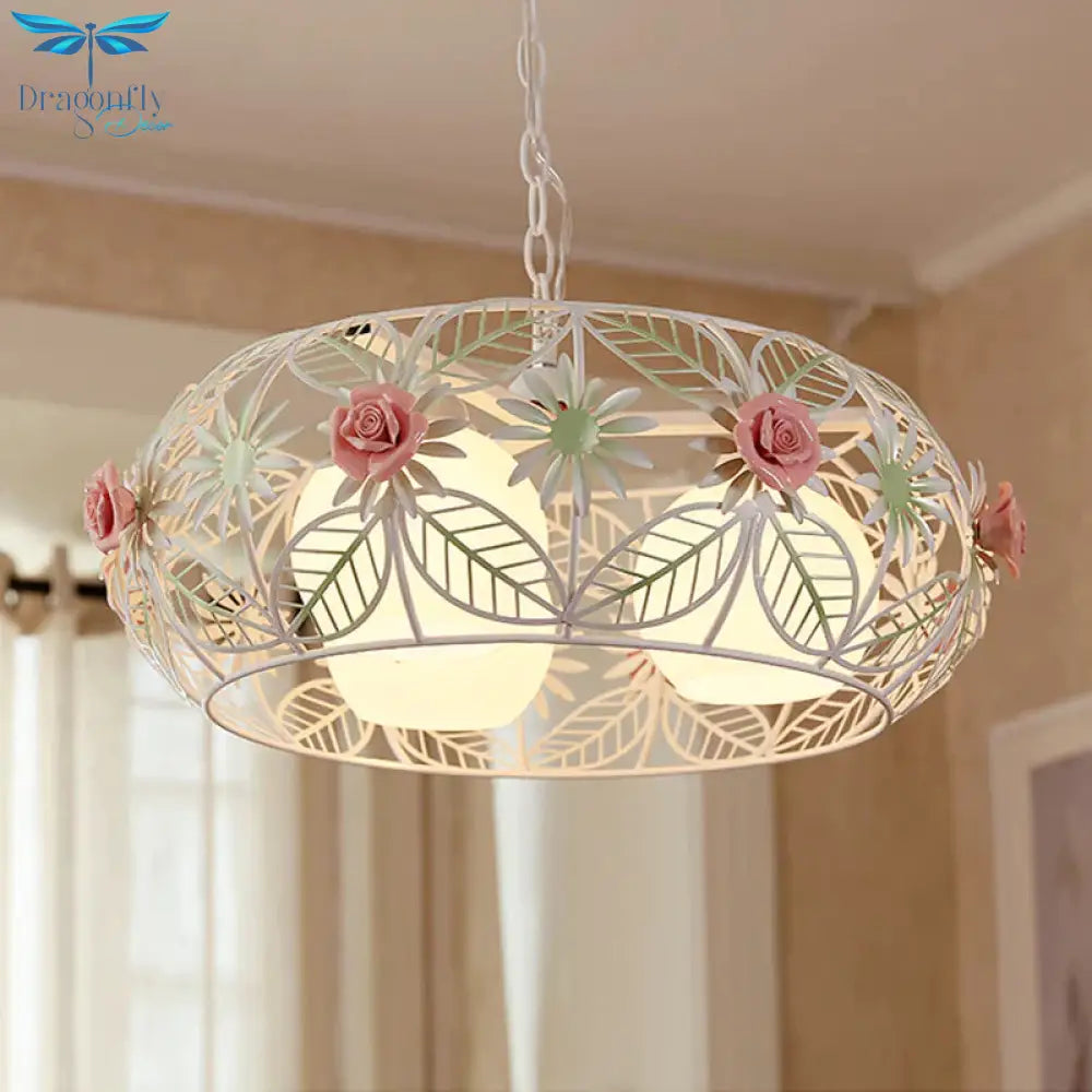 Round Metal Pendant Chandelier Pastoral 3 Heads Living Room Led Suspension Lighting With Rose In
