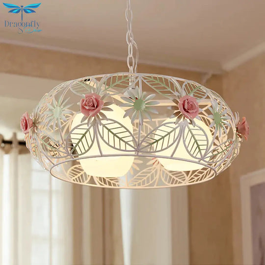 Round Metal Pendant Chandelier Pastoral 3 Heads Living Room Led Suspension Lighting With Rose In