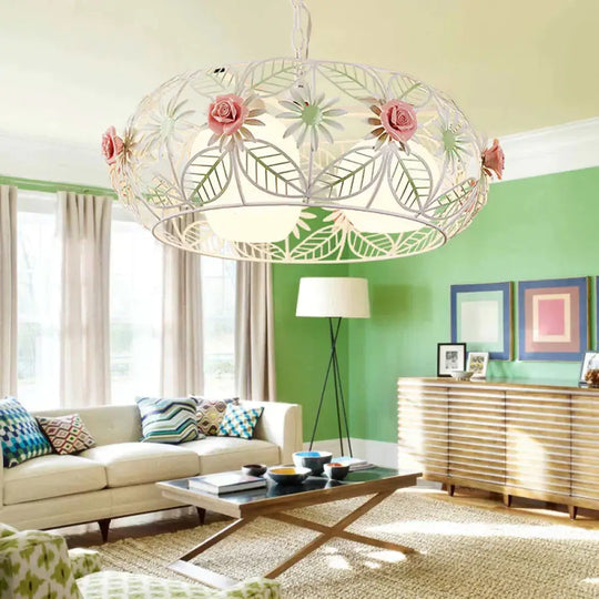 Round Metal Pendant Chandelier Pastoral 3 Heads Living Room Led Suspension Lighting With Rose In