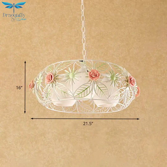 Round Metal Pendant Chandelier Pastoral 3 Heads Living Room Led Suspension Lighting With Rose In