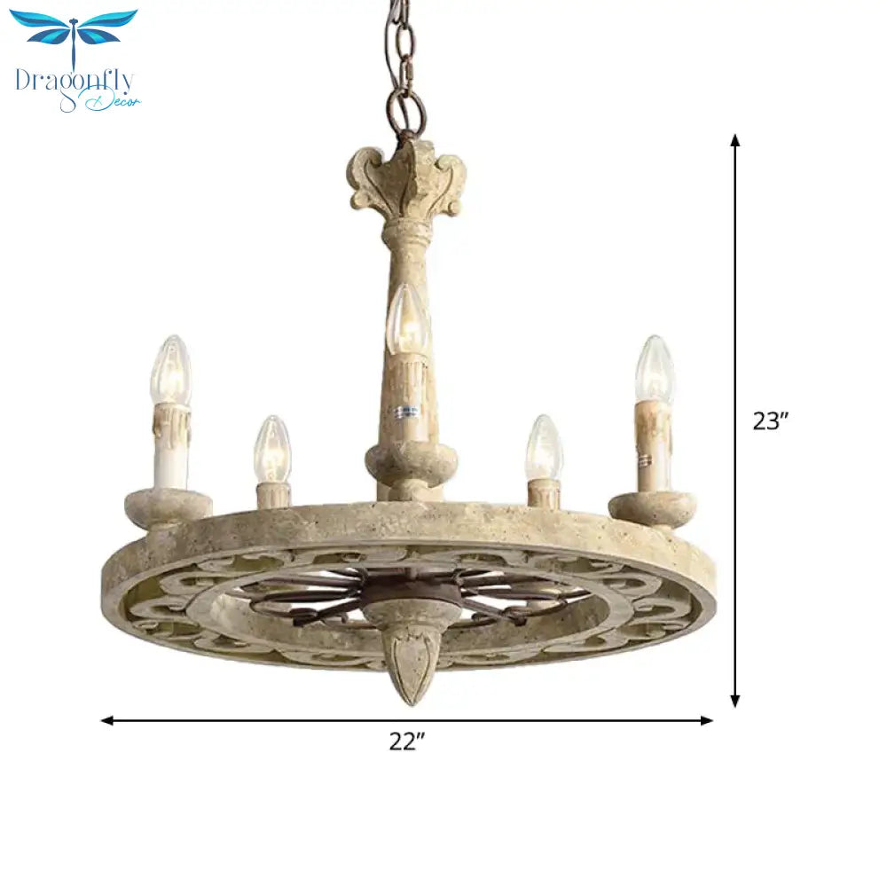Round Pendant Chandelier Traditional Wood 5/6 Bulbs Light Tan Hanging Lamp For Living Room