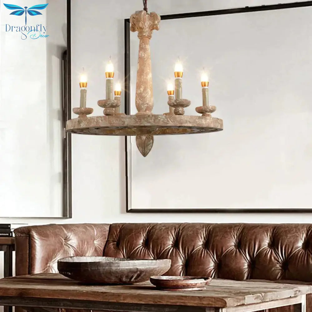 Round Pendant Chandelier Traditional Wood 5/6 Bulbs Light Tan Hanging Lamp For Living Room