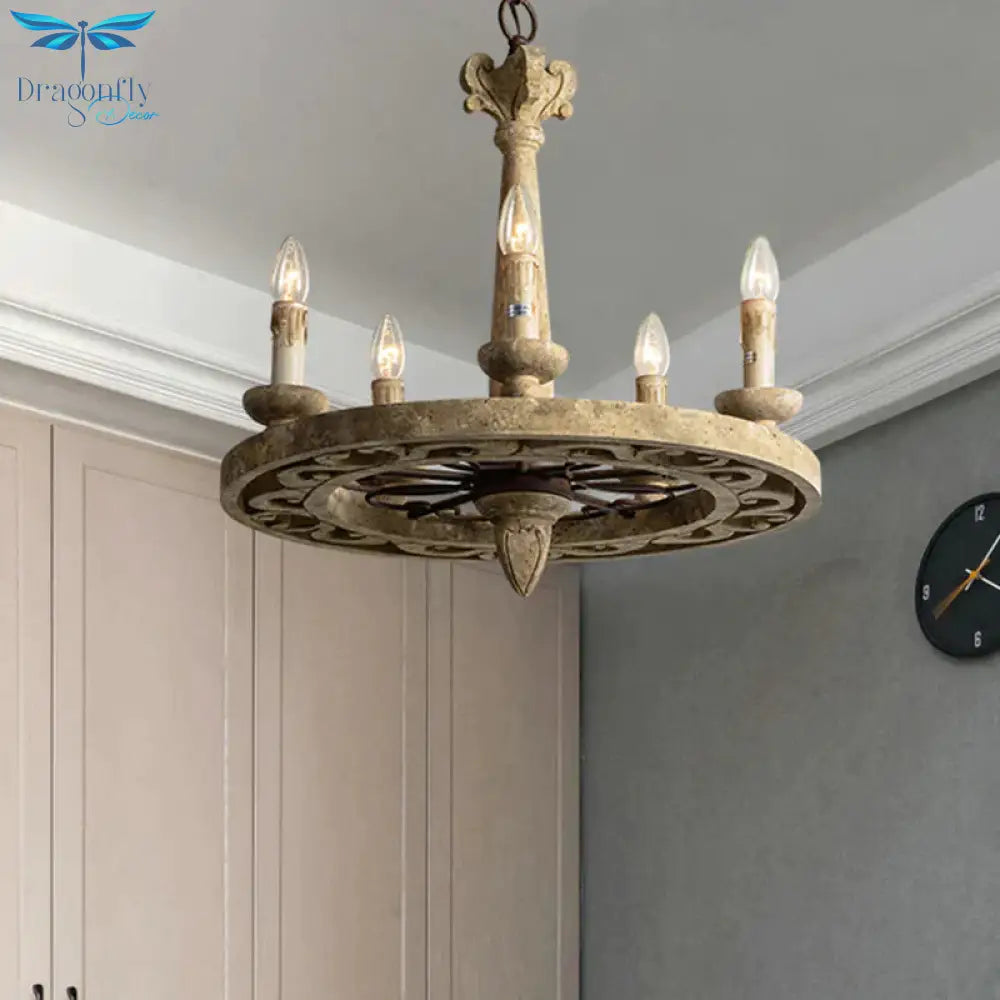 Round Pendant Chandelier Traditional Wood 5/6 Bulbs Light Tan Hanging Lamp For Living Room