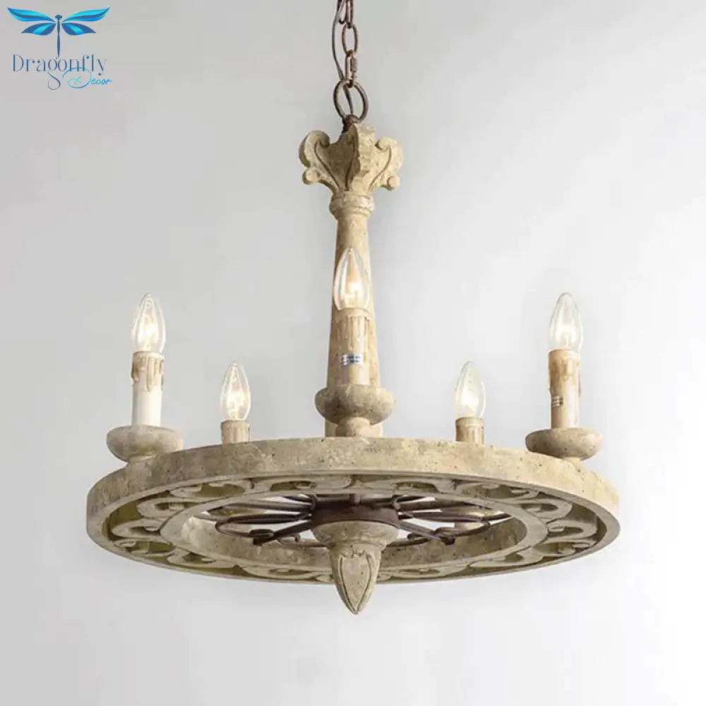 Round Pendant Chandelier Traditional Wood 5/6 Bulbs Light Tan Hanging Lamp For Living Room