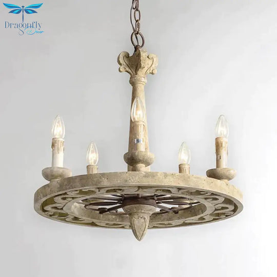 Round Pendant Chandelier Traditional Wood 5/6 Bulbs Light Tan Hanging Lamp For Living Room