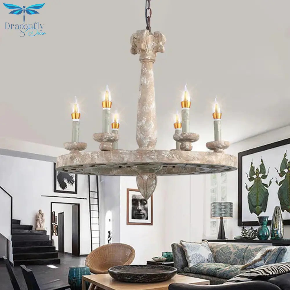 Round Pendant Chandelier Traditional Wood 5/6 Bulbs Light Tan Hanging Lamp For Living Room