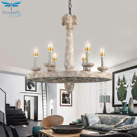 Round Pendant Chandelier Traditional Wood 5/6 Bulbs Light Tan Hanging Lamp For Living Room