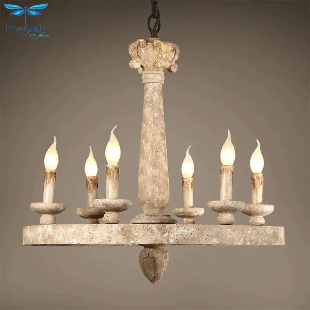 Round Pendant Chandelier Traditional Wood 5/6 Bulbs Light Tan Hanging Lamp For Living Room