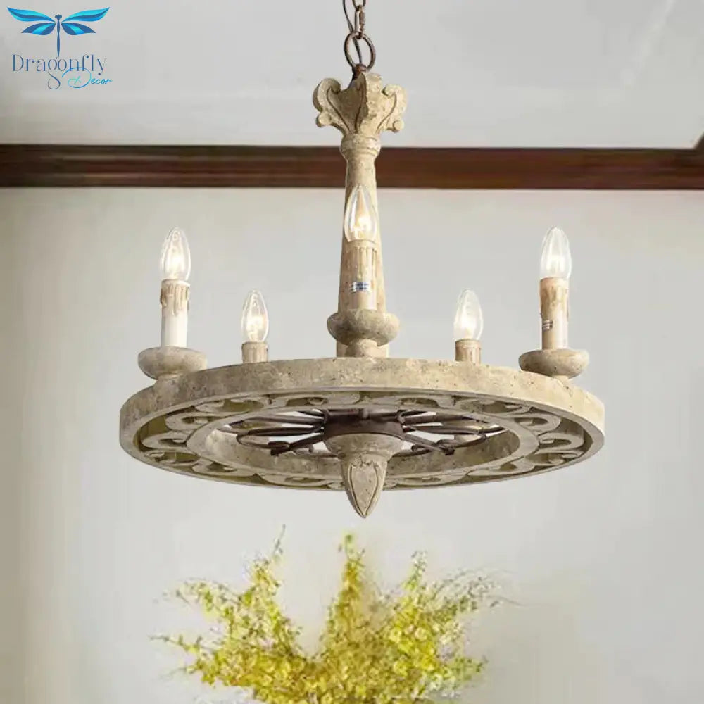 Round Pendant Chandelier Traditional Wood 5/6 Bulbs Light Tan Hanging Lamp For Living Room