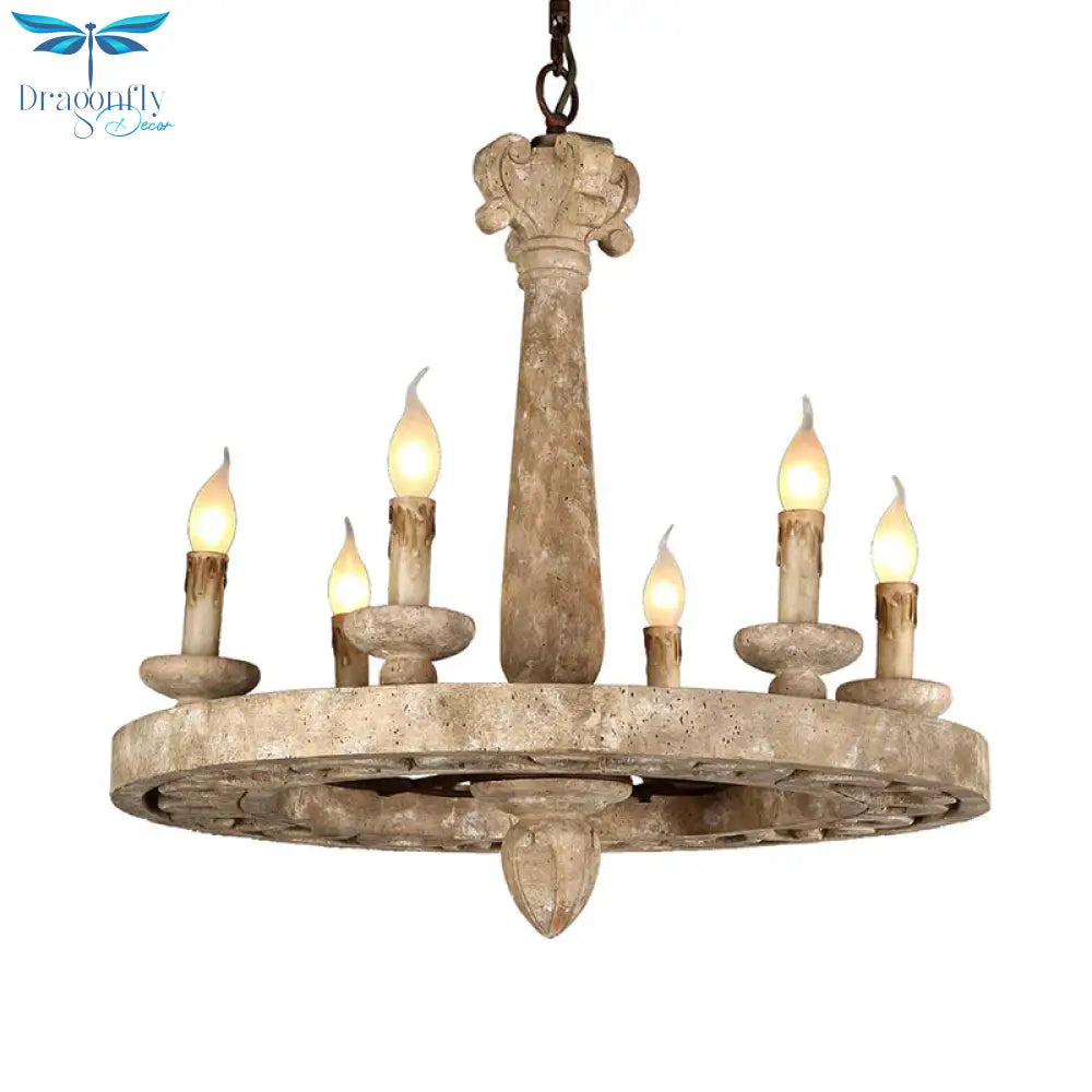 Round Pendant Chandelier Traditional Wood 5/6 Bulbs Light Tan Hanging Lamp For Living Room