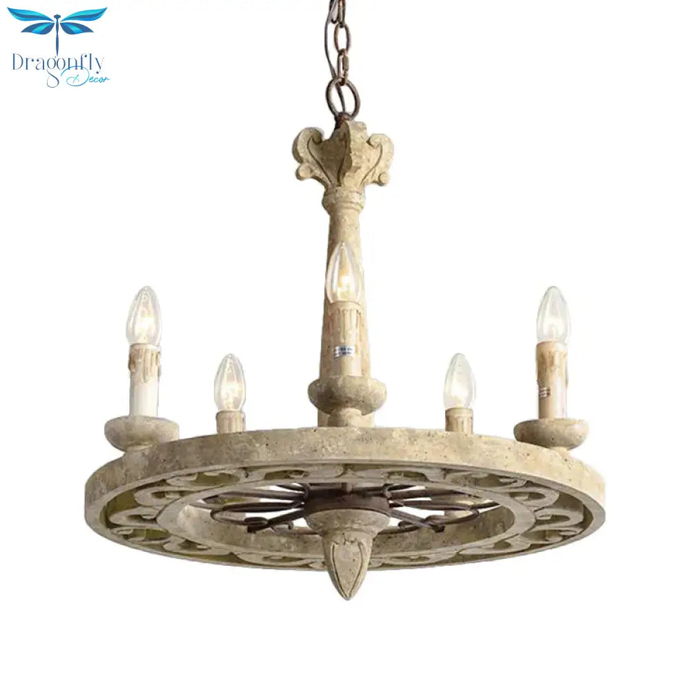 Round Pendant Chandelier Traditional Wood 5/6 Bulbs Light Tan Hanging Lamp For Living Room
