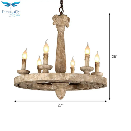 Round Pendant Chandelier Traditional Wood 5/6 Bulbs Light Tan Hanging Lamp For Living Room