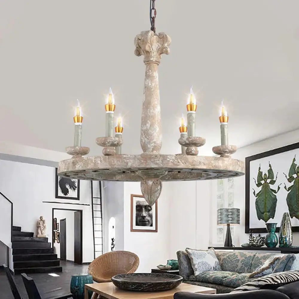 Round Pendant Chandelier Traditional Wood 5/6 Bulbs Light Tan Hanging Lamp For Living Room 6 /