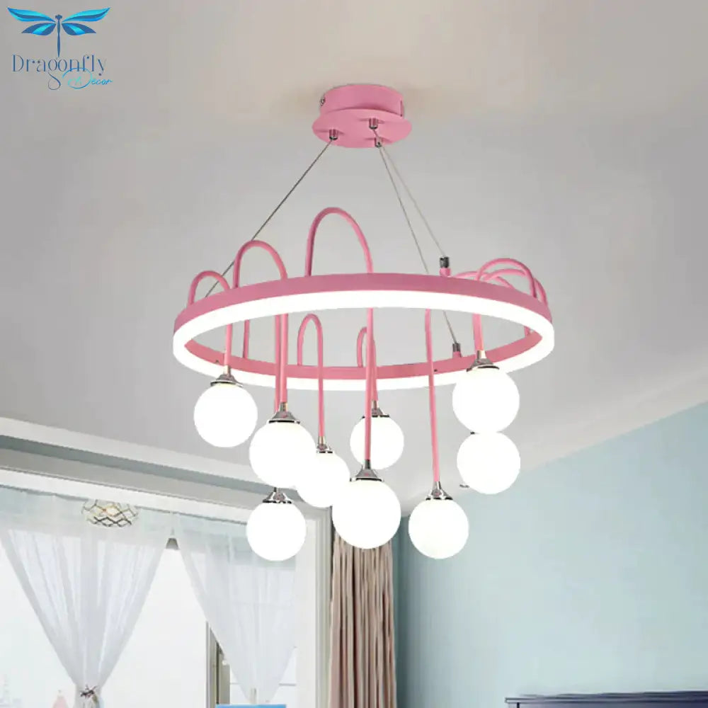 Rounded Hanging Lamp Kids Metal 9 - Light Pink Chandelier Lighting With Frosted Glass Shade