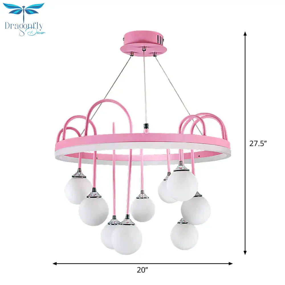 Rounded Hanging Lamp Kids Metal 9 - Light Pink Chandelier Lighting With Frosted Glass Shade