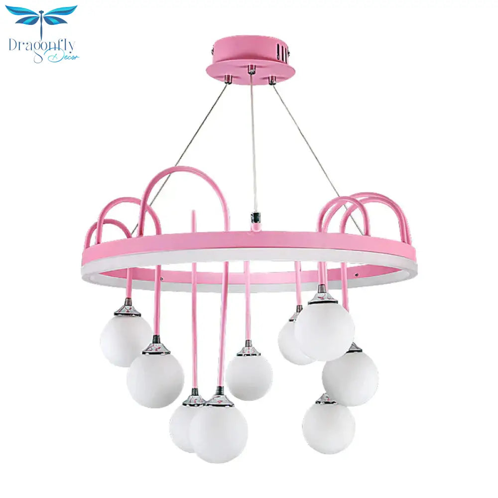 Rounded Hanging Lamp Kids Metal 9 - Light Pink Chandelier Lighting With Frosted Glass Shade