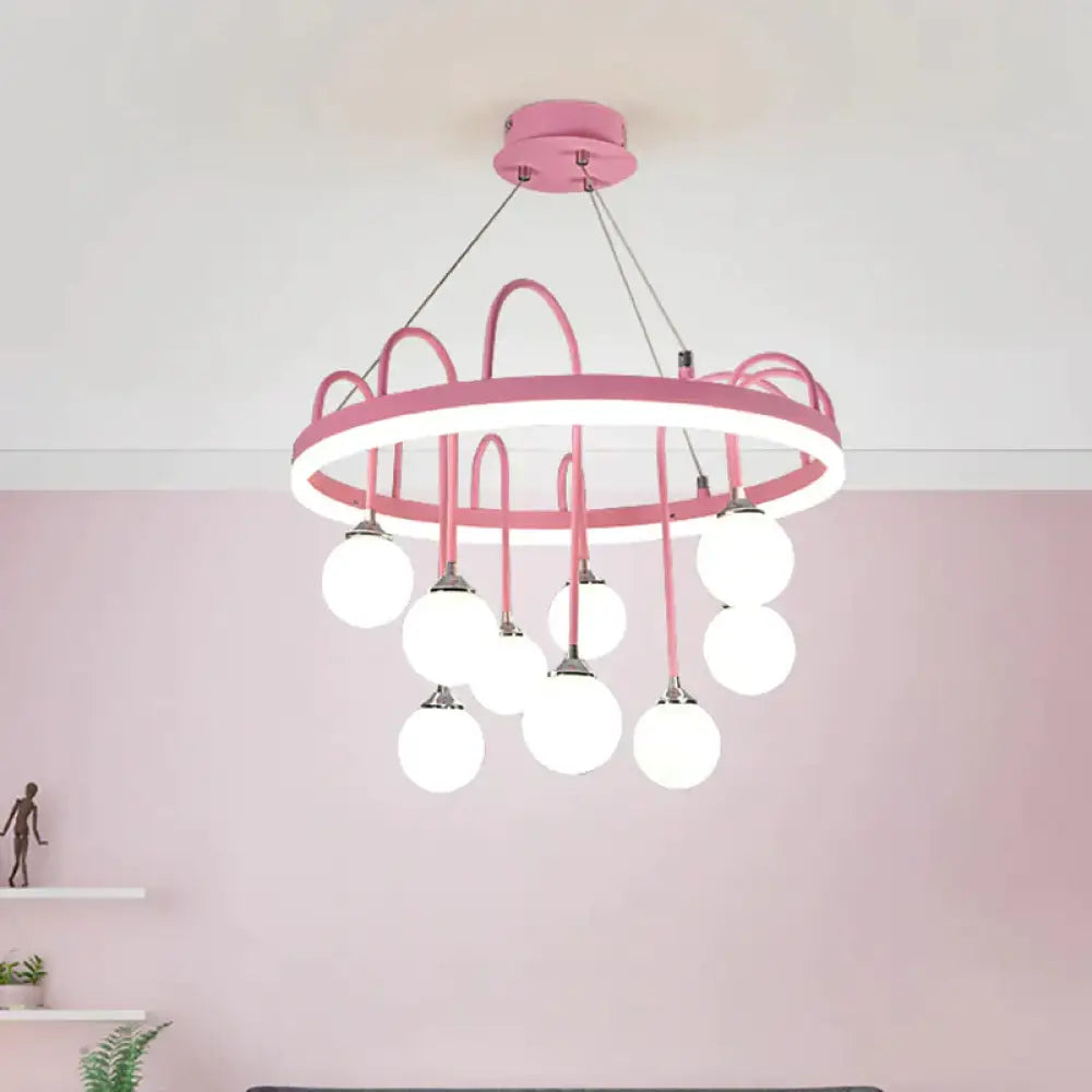 Rounded Hanging Lamp Kids Metal 9 - Light Pink Chandelier Lighting With Frosted Glass Shade