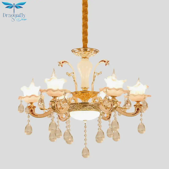 Ruffle Trim Dining Table Suspension Light Traditional Pink Glass 6 Lights Gold Pendant Lighting