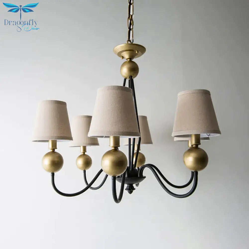 Rural Curvy Arm Hanging Pendant Light 3/6 - Head Fabric Chandelier In Black With Cone Shade