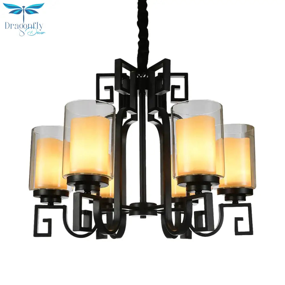 Rural Cylinder Chandelier Light Fixture 6 Lights Clear Glass Ceiling Pendant In Black With Twisted