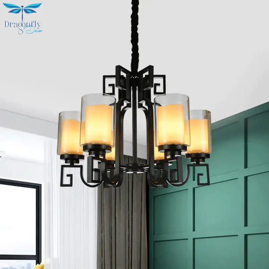 Rural Cylinder Chandelier Light Fixture 6 Lights Clear Glass Ceiling Pendant In Black With Twisted
