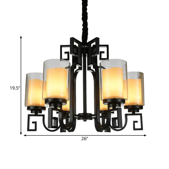 Rural Cylinder Chandelier Light Fixture 6 Lights Clear Glass Ceiling Pendant In Black With Twisted