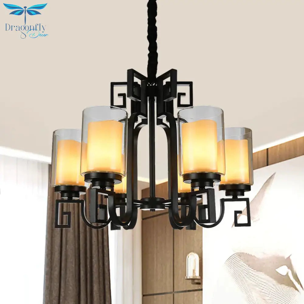 Rural Cylinder Chandelier Light Fixture 6 Lights Clear Glass Ceiling Pendant In Black With Twisted