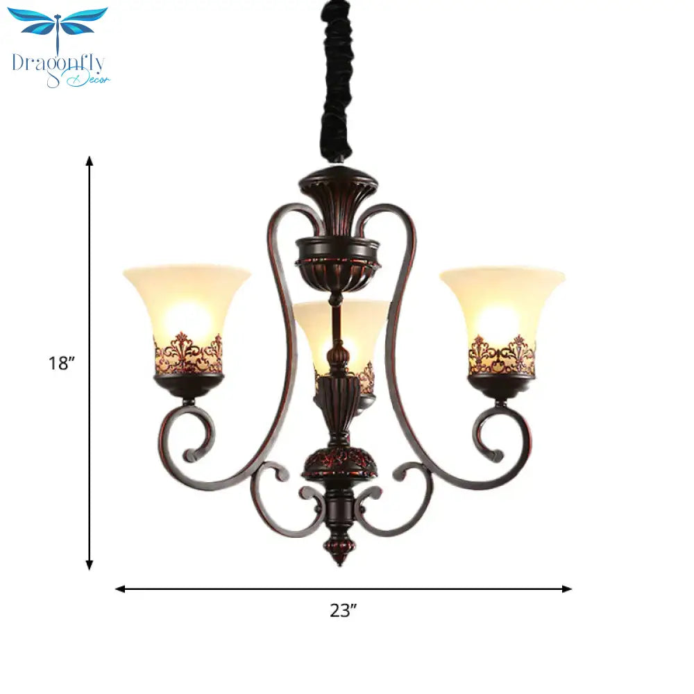 Rural Style Swirled Arm Hanging Chandelier 3/6 - Bulb Metallic Suspended Lighting Fixture In Red