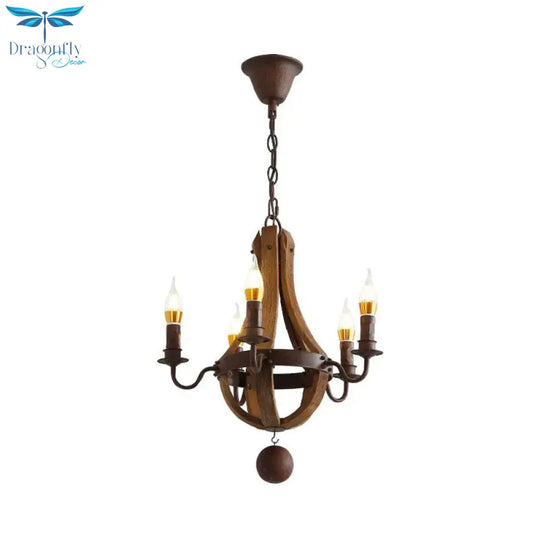 Rust 5 Lights Chandelier Lighting Rustic Wooden Basket Pendant Lamp For Restaurant 16.5’/19.5’ Wide