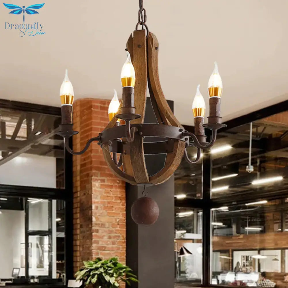 Rust 5 Lights Chandelier Lighting Rustic Wooden Basket Pendant Lamp For Restaurant 16.5’/19.5’ Wide