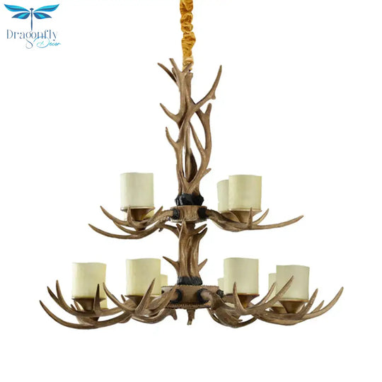 Rustic 2-Tier Resin Hanging Pendant Light With 12 Heads In Brown With Cylinder Frosted Glass Shade