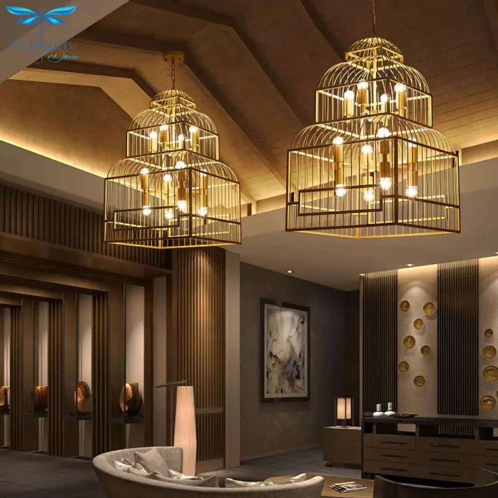 Rustic Black/Wood Exposed Bulb Living Room Hanging Ceiling Fixture With Cage