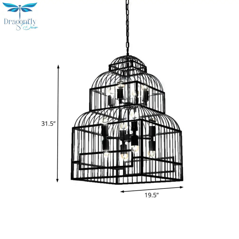 Rustic Black/Wood Exposed Bulb Living Room Hanging Ceiling Fixture With Cage