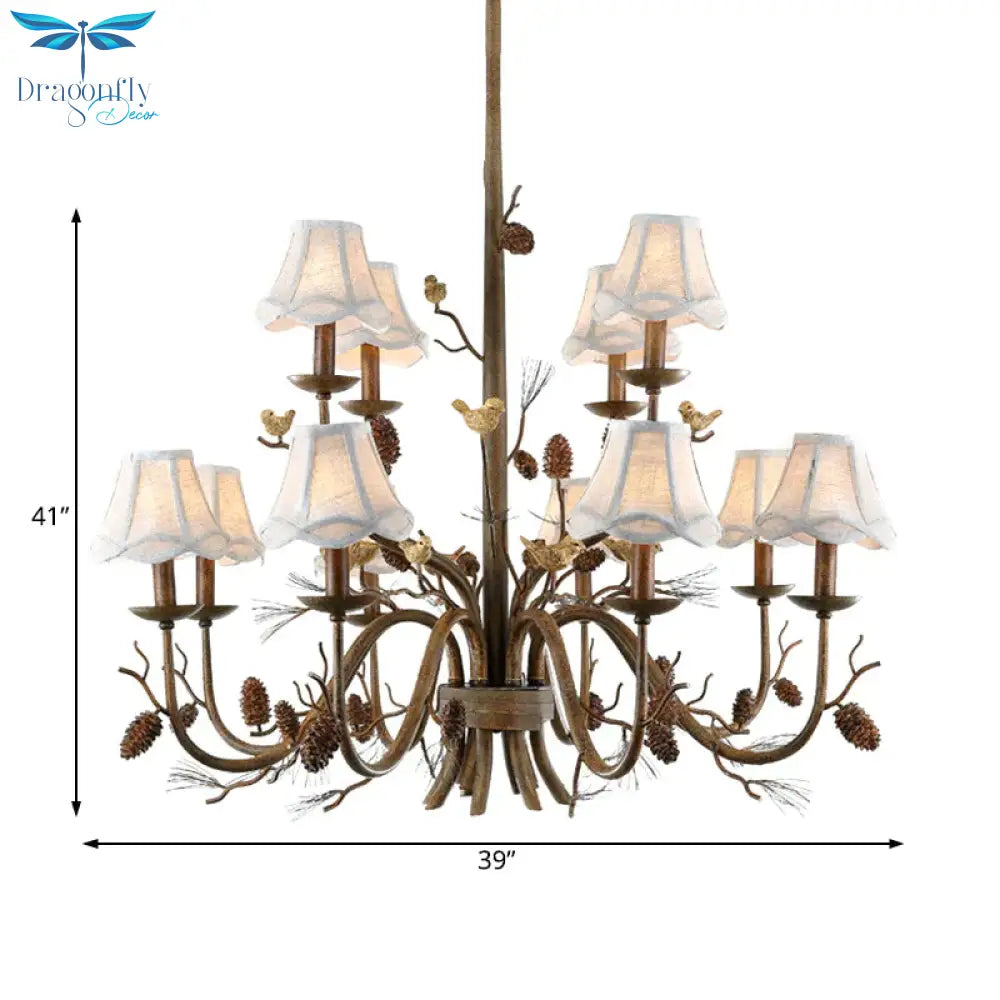 Rustic Brown Metal 12 Lights Pendant Light Fixture With White Fabric Shade