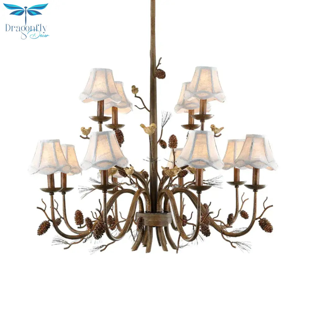 Rustic Brown Metal 12 Lights Pendant Light Fixture With White Fabric Shade