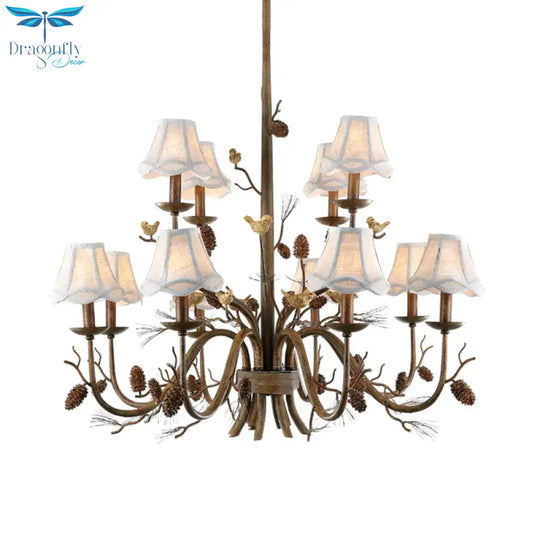 Rustic Brown Metal 12 Lights Pendant Light Fixture With White Fabric Shade
